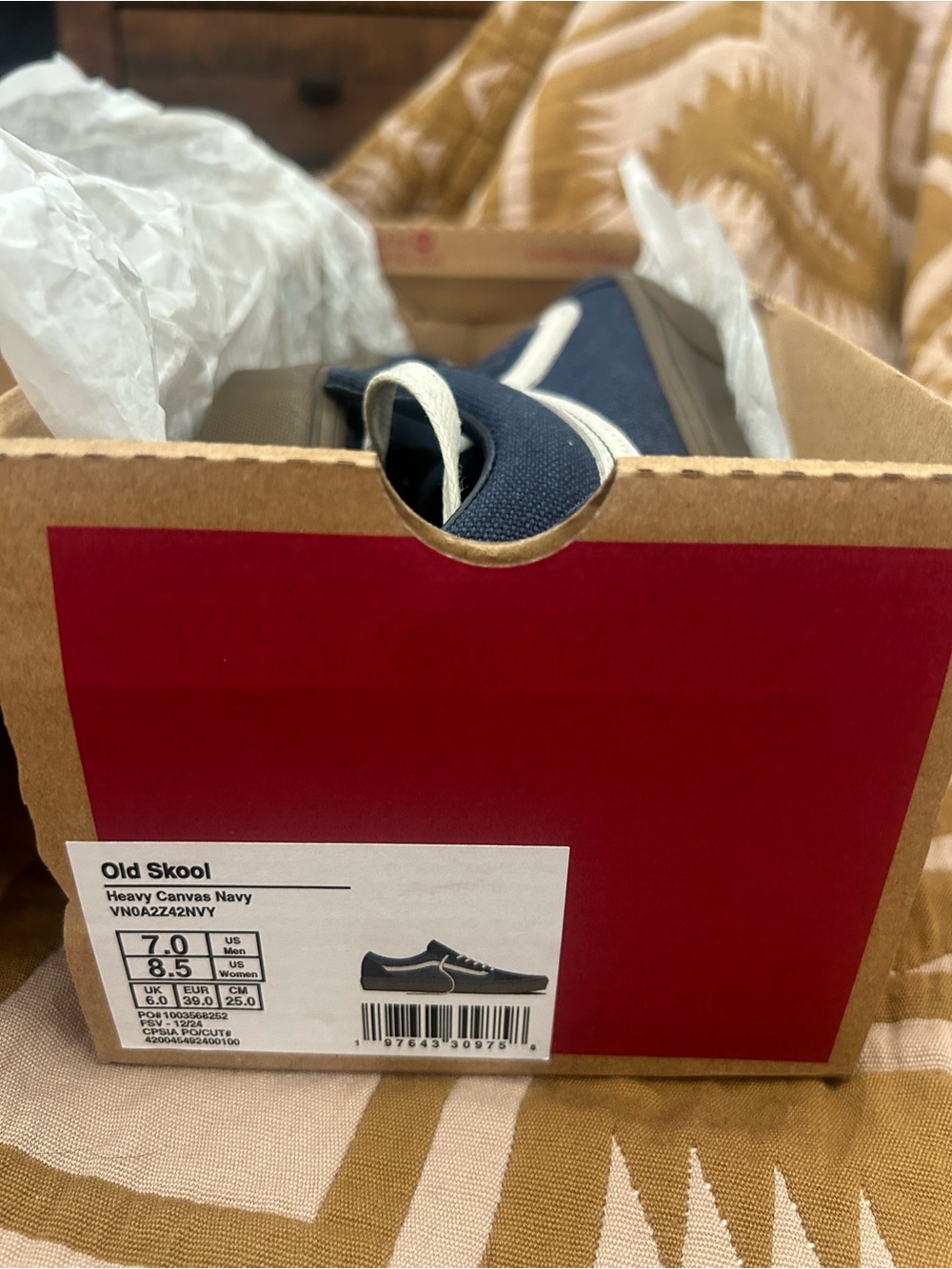 Vans Women’s Navy Canvas Low-Top Sneakers with White Stripe and Brown Sole - Picture 2 of 2
